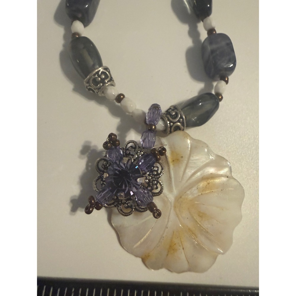 Beaded Shell Pendant Necklace Purple Crystal Filigree Grey Marbled Beads 18 Inch